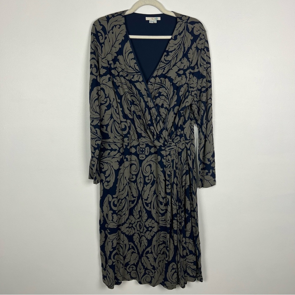 Boden Henrietta Faux Wrap Day Dress Navy Blue Tan All Over Print Size 16L